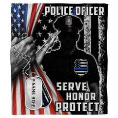 Saluting officer artwork with dog tags and rustic flag backdrop on bedding.