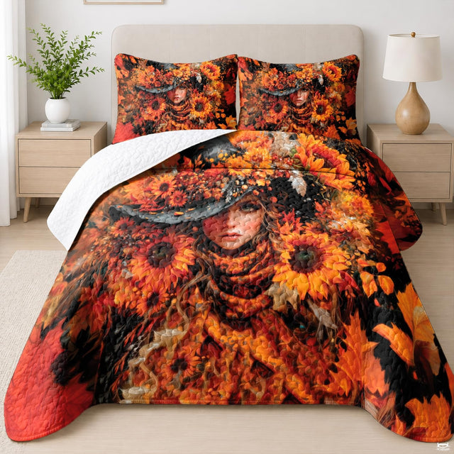 Overhead bedroom view displaying autumn sunflower witch portrait bedding with matching pillowcases.