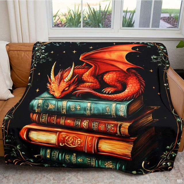 Fantasy red dragon and stacked books blanket flat unfolded view