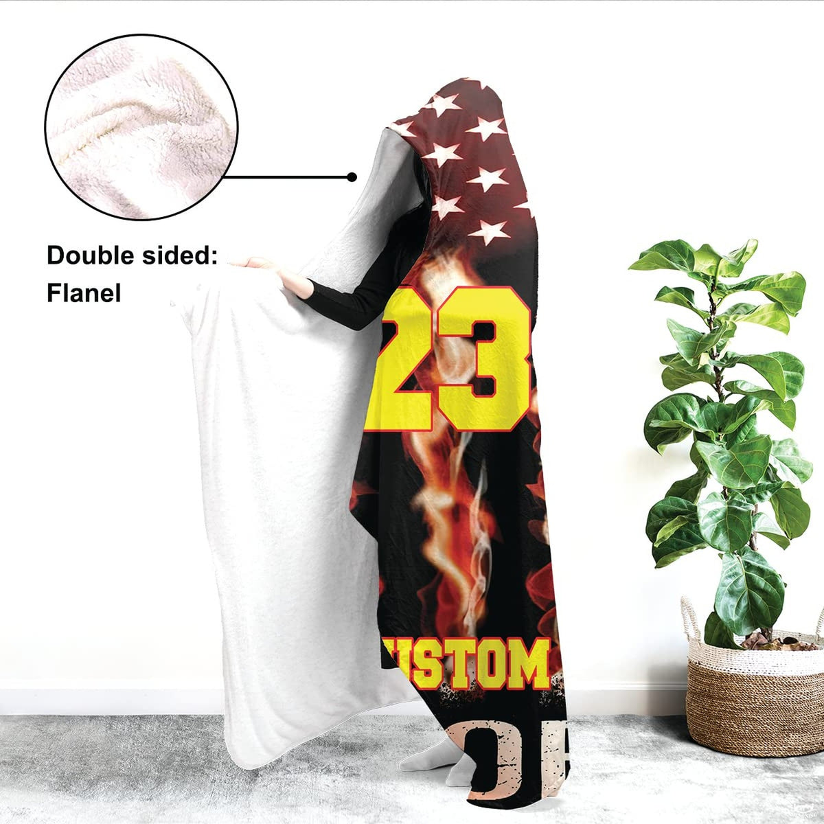 Overhead bedroom display displaying the dark patriotic star motif and vibrant sports typography.