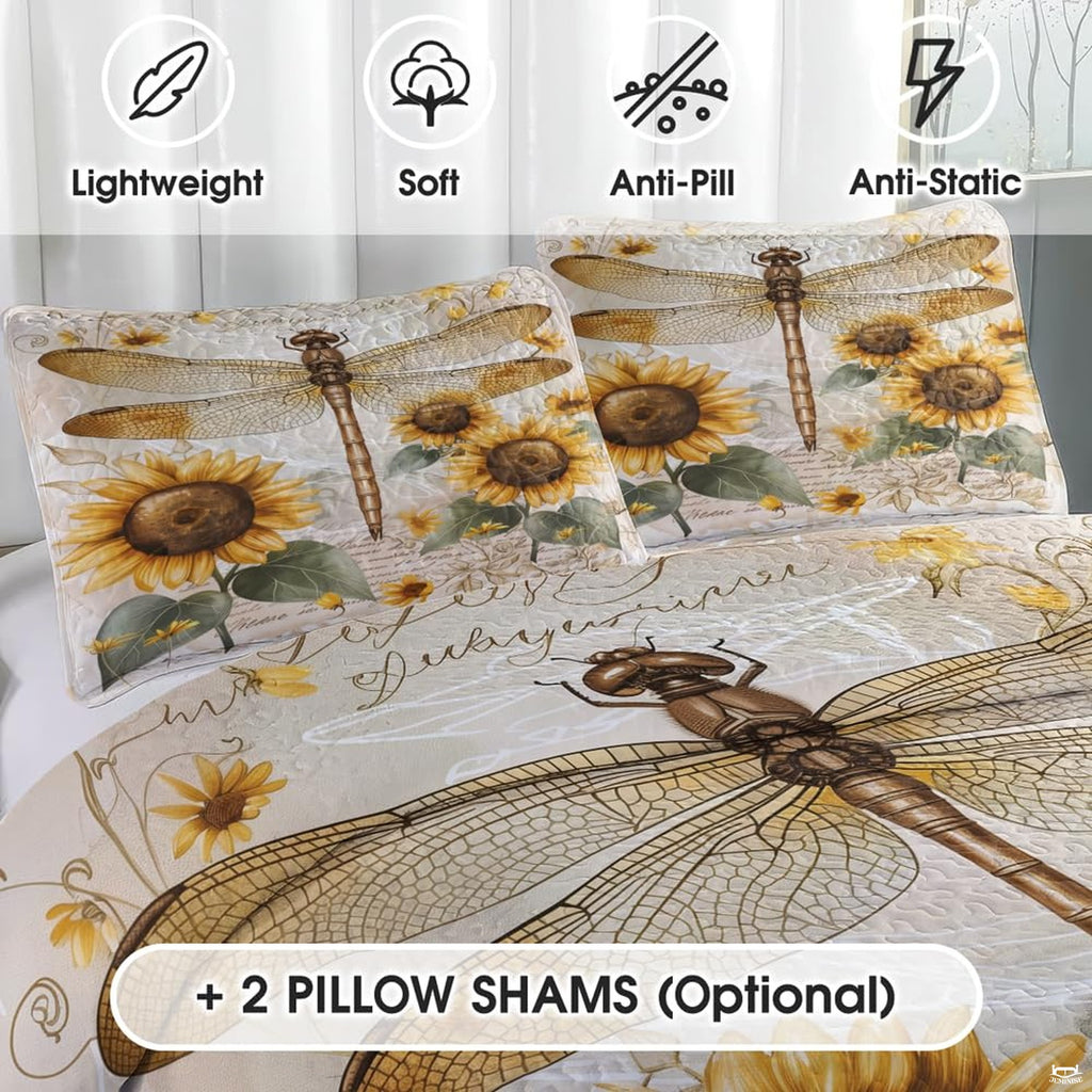 Close view of dragonfly and sunflower pillow artwork