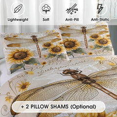 Close view of dragonfly and sunflower pillow artwork
