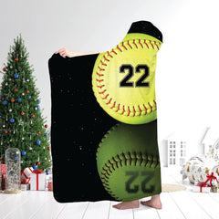 Optic yellow softball with crimson markings, mirrored reflection, jersey digits, and script art, view 2.