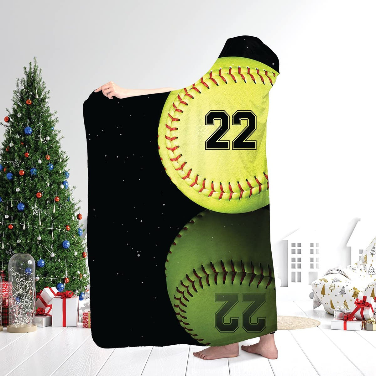 Optic yellow softball with crimson markings, mirrored reflection, jersey digits, and script art, view 2.