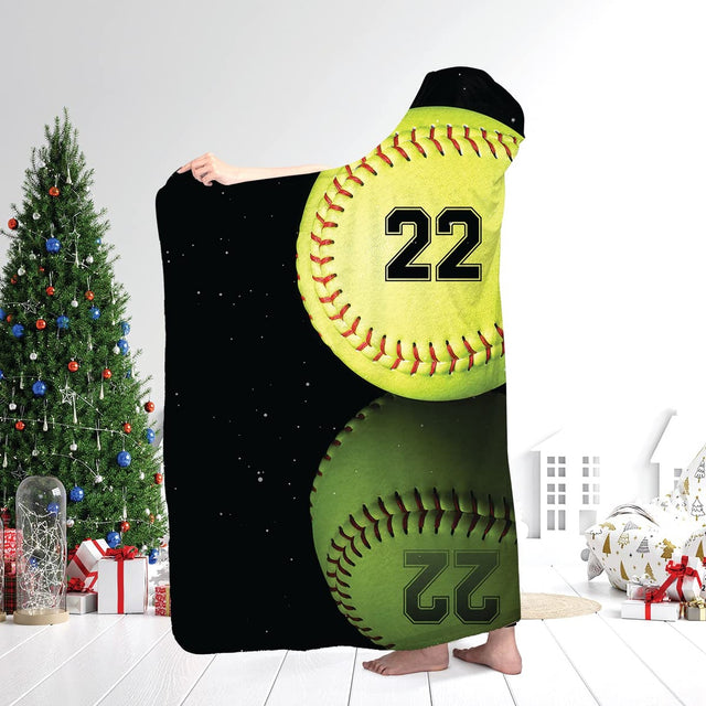 Optic yellow softball with crimson markings, mirrored reflection, jersey digits, and script art, view 2.