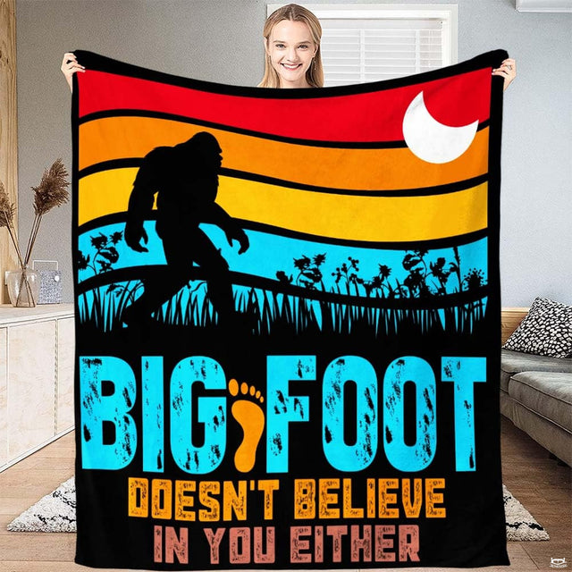 Retro sunset stripes and walking Bigfoot in sunflower field with sarcastic quote typography, view 1.