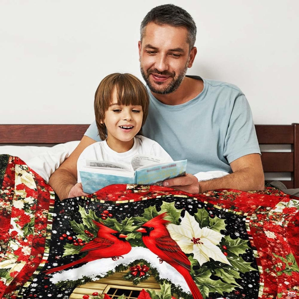 Detailed holiday artwork of scarlet songbirds on a birdhouse for festive bedroom decor.
