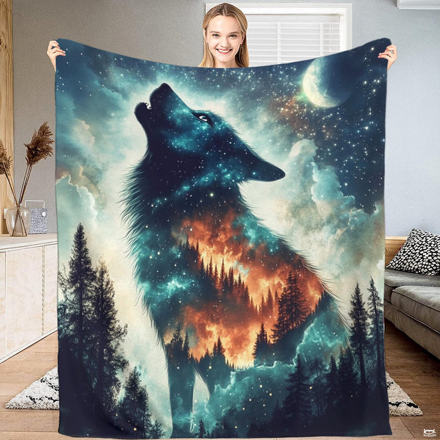 Howling wolf galaxy throw blanket featuring a wolf silhouette filled with pine trees, stars, and moon.