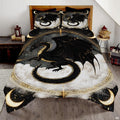 Black and gold dragon flying over clouds within celestial rings
