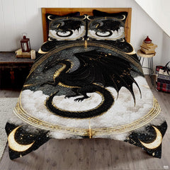 Black and gold dragon flying over clouds within celestial rings