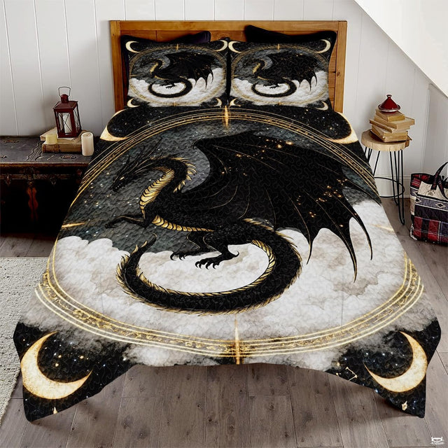 Black and gold dragon flying over clouds within celestial rings