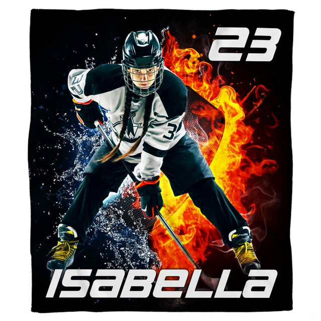 Ice hockey skater with elemental fire and splashing water graphics, view 2.
