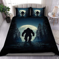 Sage moon bigfoot silhouette bedding set showing a cryptid sasquatch walking across cool slate and moonlit rings.