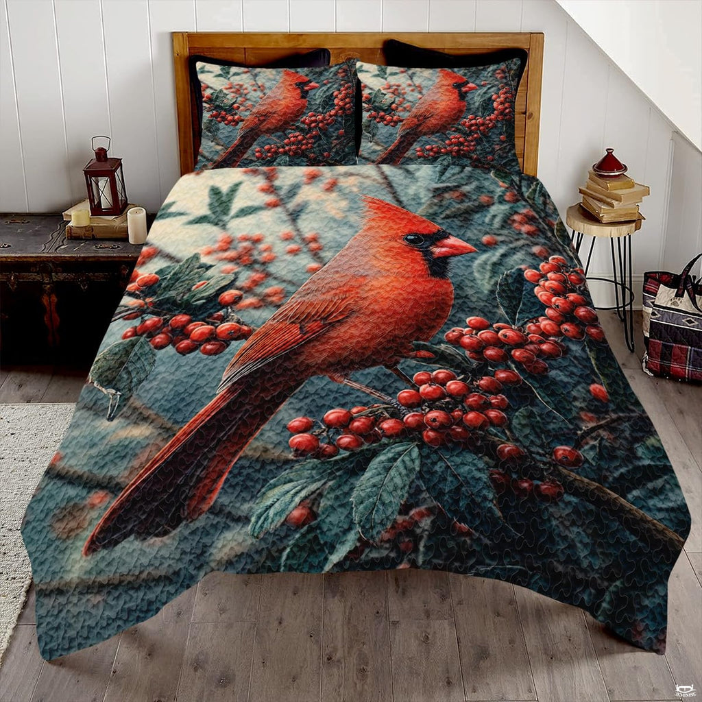 Crimson cardinal winter spruce forest bedding set displayed neatly on a bed in a rustic winter bedroom