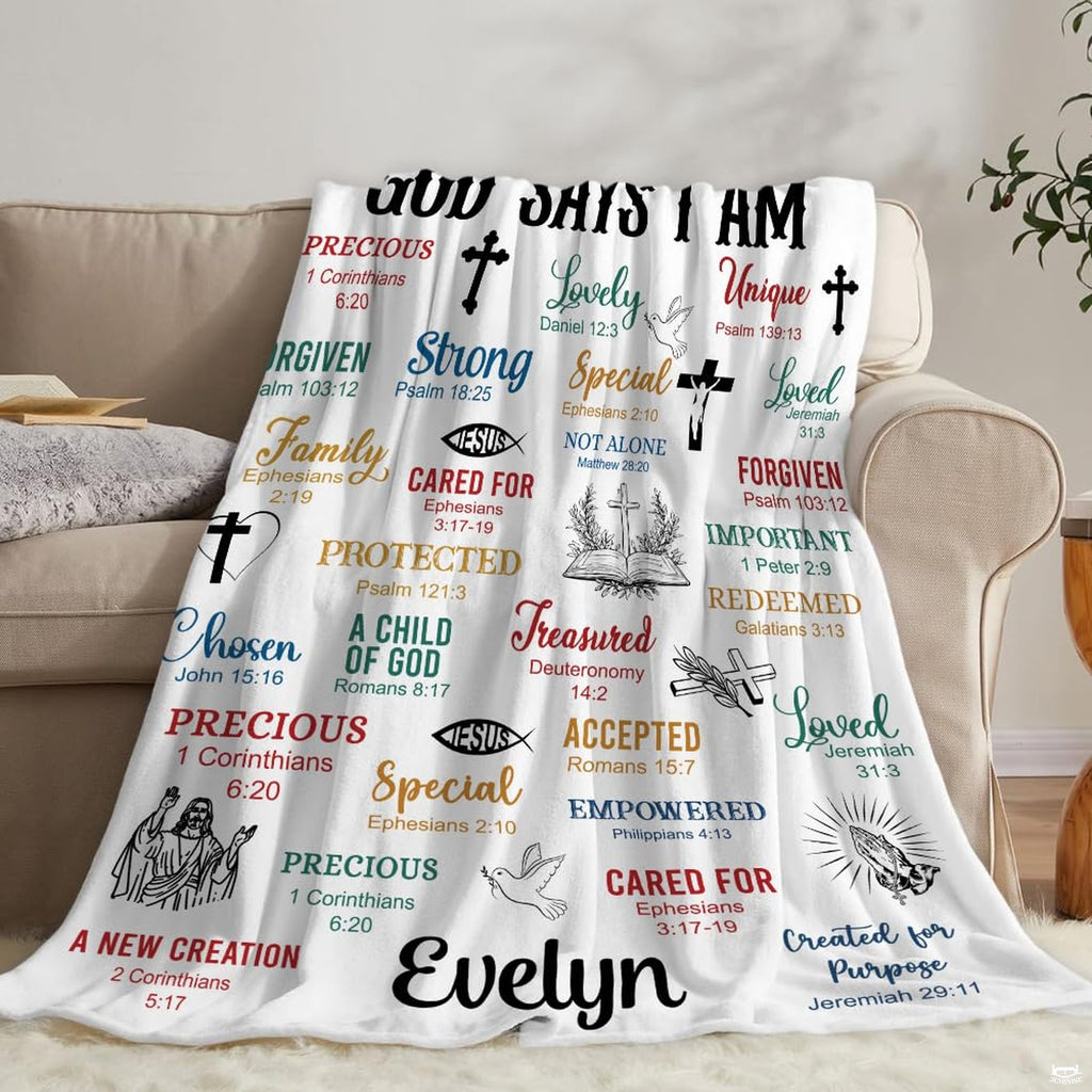 Side angle perspective highlighting sharp typography print definition and multi-colored lettering of the blanket