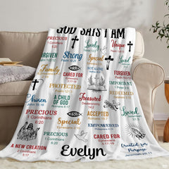 Side angle perspective highlighting sharp typography print definition and multi-colored lettering of the blanket