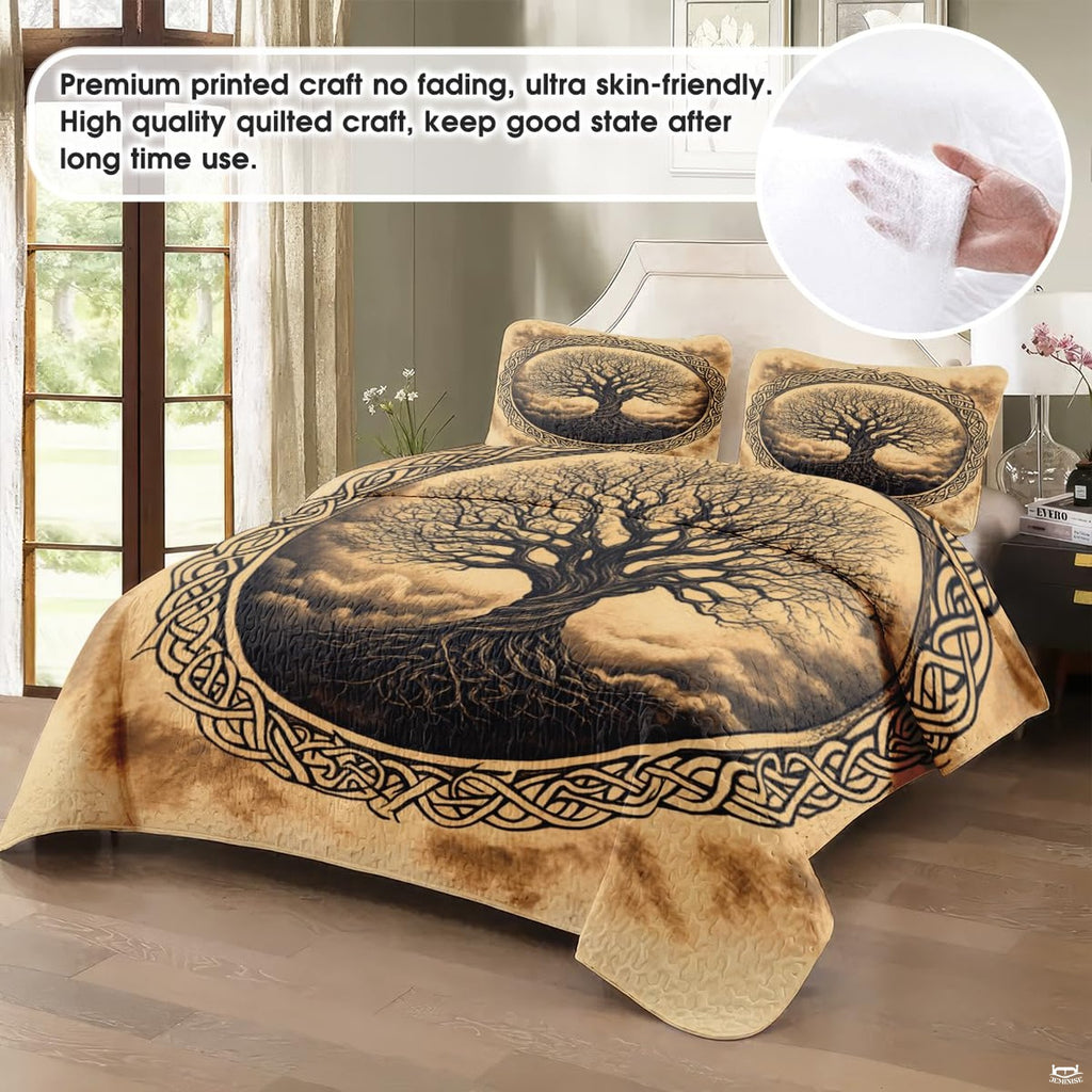 Overhead view of circular Celtic knotwork linework on bedding set decor.
