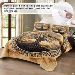 Overhead view of circular Celtic knotwork linework on bedding set decor.