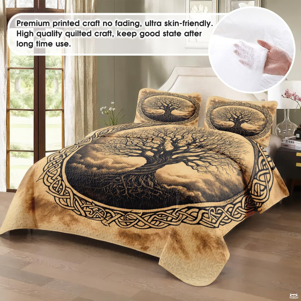 Overhead view of circular Celtic knotwork linework on bedding set decor.