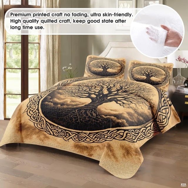 Overhead view of circular Celtic knotwork linework on bedding set decor.