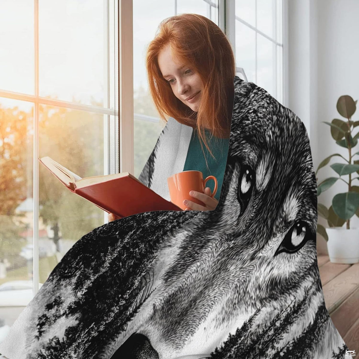 Detailed wolf face and evergreen pine tree double exposure illustration on a white bed spread.