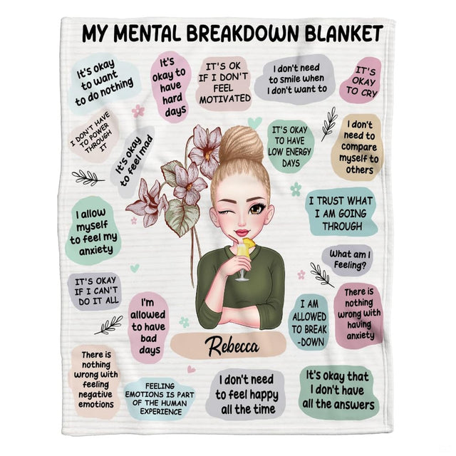 Flat presentation of the pastel mental wellness affirmation throw blanket with botanical accents and stylized woman art