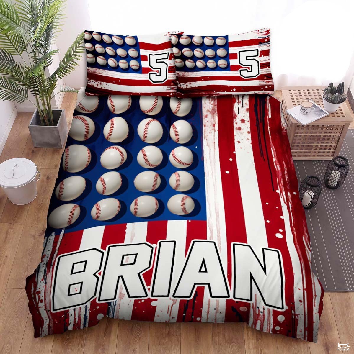 Personalized Baseball Bedding Full Size Flag Custom Name Duvet Cover Set Sport Decor Sports Comforter Bed Set (Baseball Custom Name US Flag)