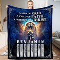 Woman holding up celestial blue roaring lion and knight blanket