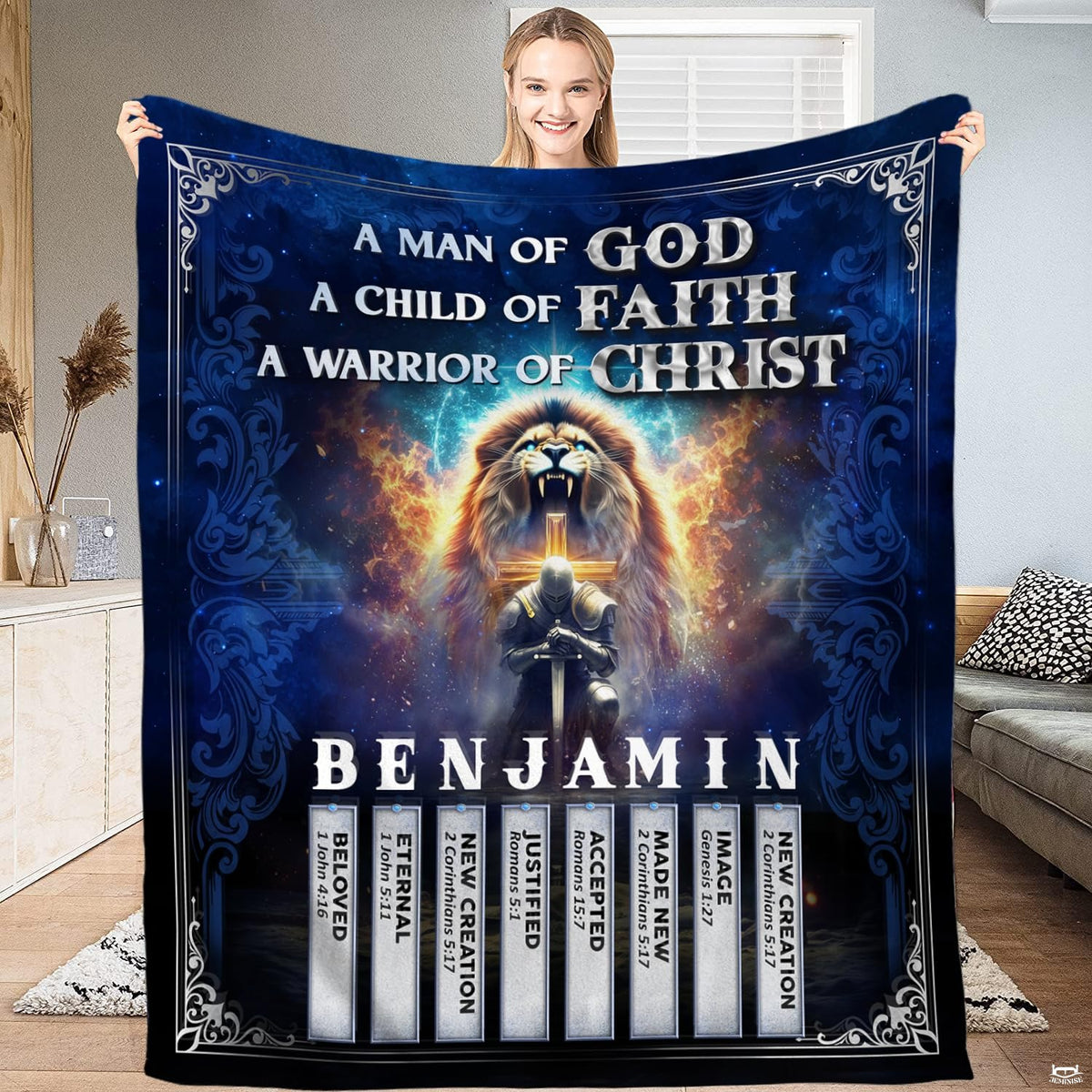 Woman holding up celestial blue roaring lion and knight blanket