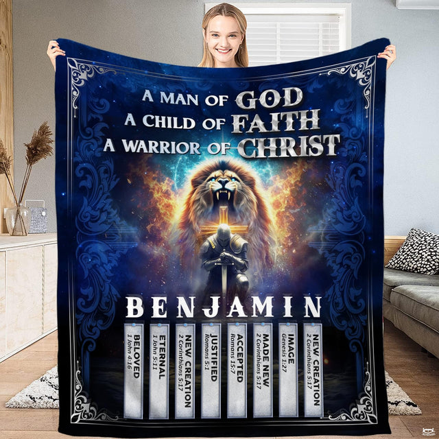 Woman holding up celestial blue roaring lion and knight blanket
