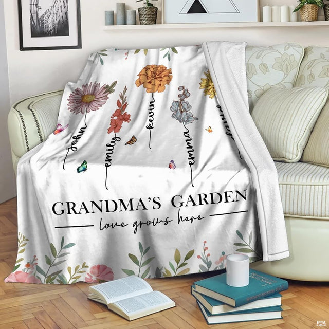 Watercolor botanical blooms textile draped across living room couch