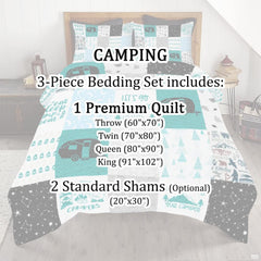 Illustrated trailer bed cover showing pine trees, gnomes, and travel thematic accent in balanced turquoise tones.