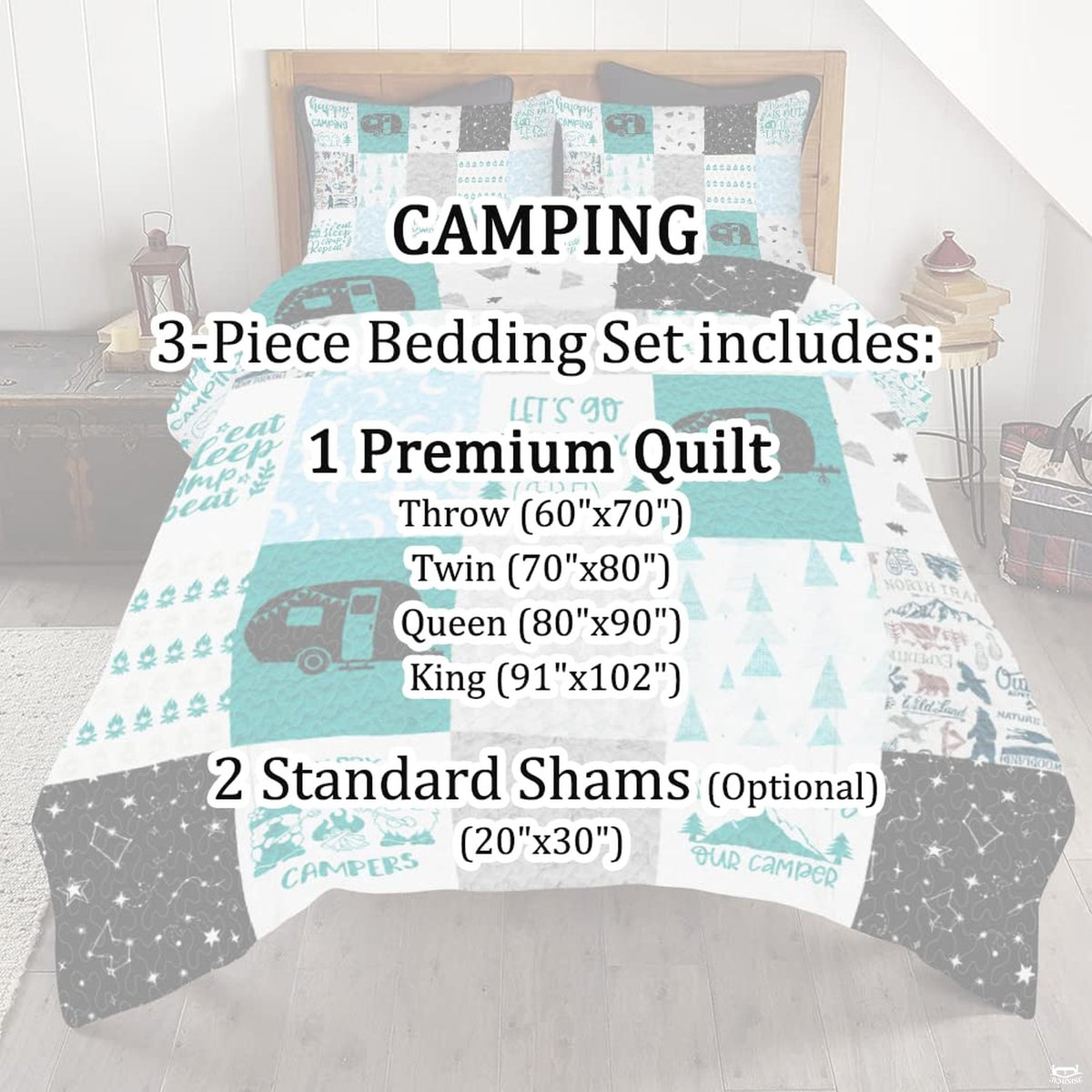 Illustrated trailer bed cover showing pine trees, gnomes, and travel thematic accent in balanced turquoise tones.