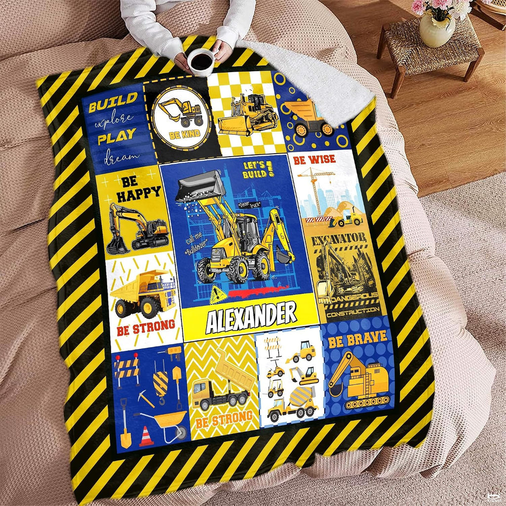 Excavator kids sheets pattern showcasing yellow cranes, cement mixers, and traffic cones.