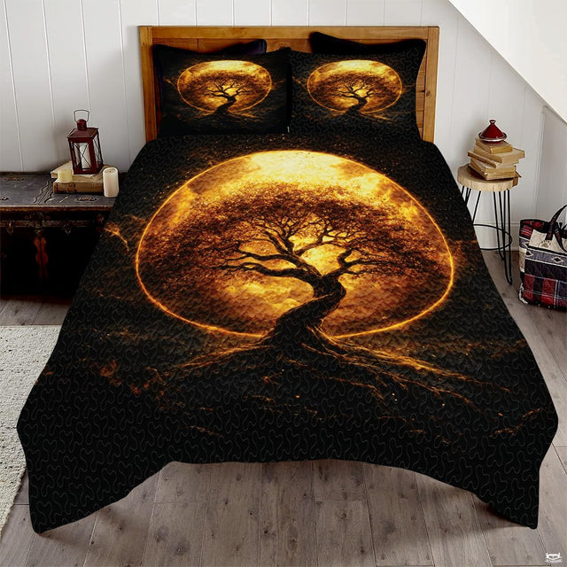 Tree of Life bedding displaying ancient silhouetted tree before a colossal glowing golden full moon on black background