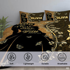 Folded corner detail showing inner batting structure beneath black and gold graphics.