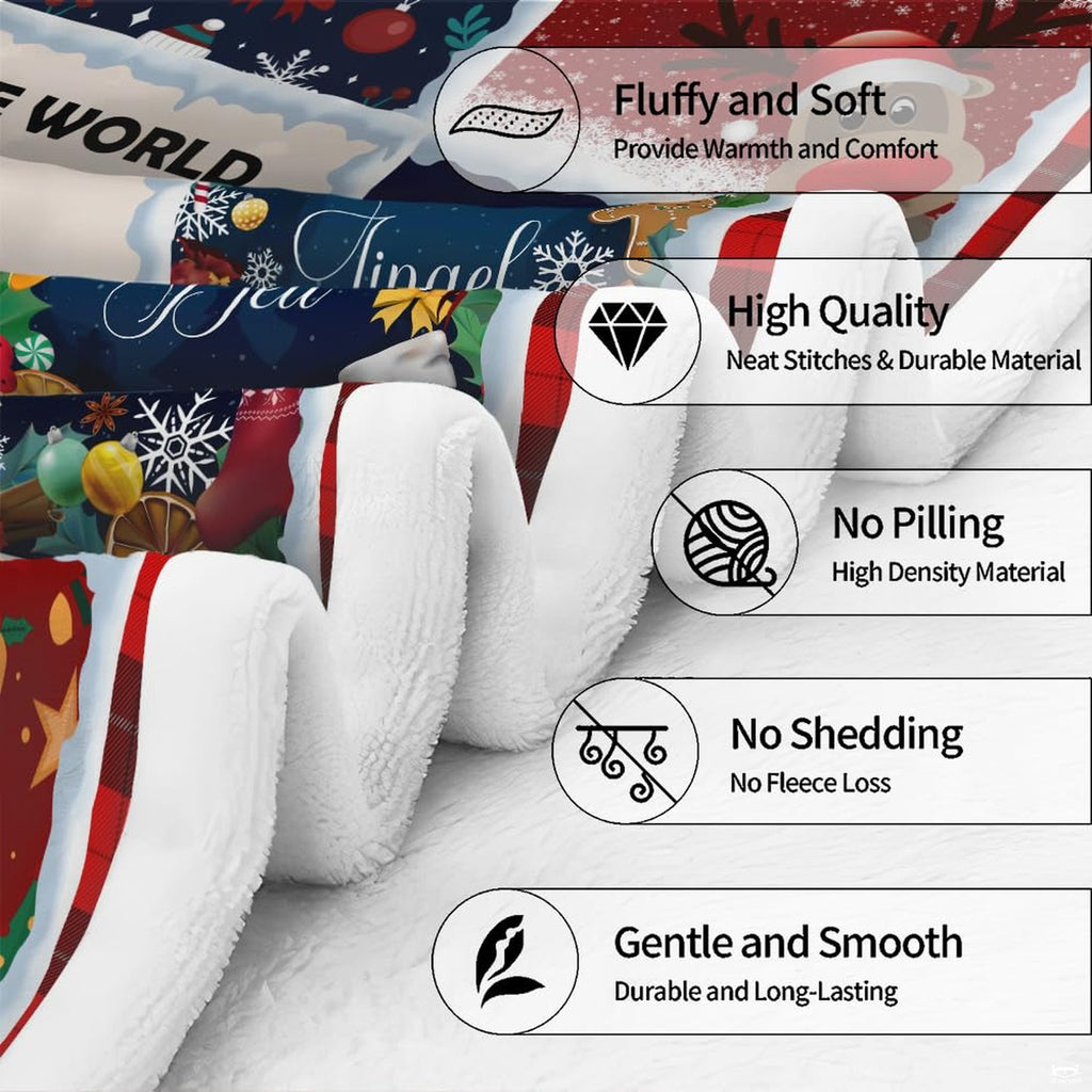 Christmas holiday couple throw blanket view 7 highlighting cartoon couple, holiday patches, and red plaid accents