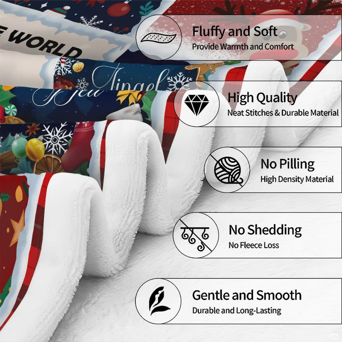 Christmas holiday couple throw blanket view 7 highlighting cartoon couple, holiday patches, and red plaid accents