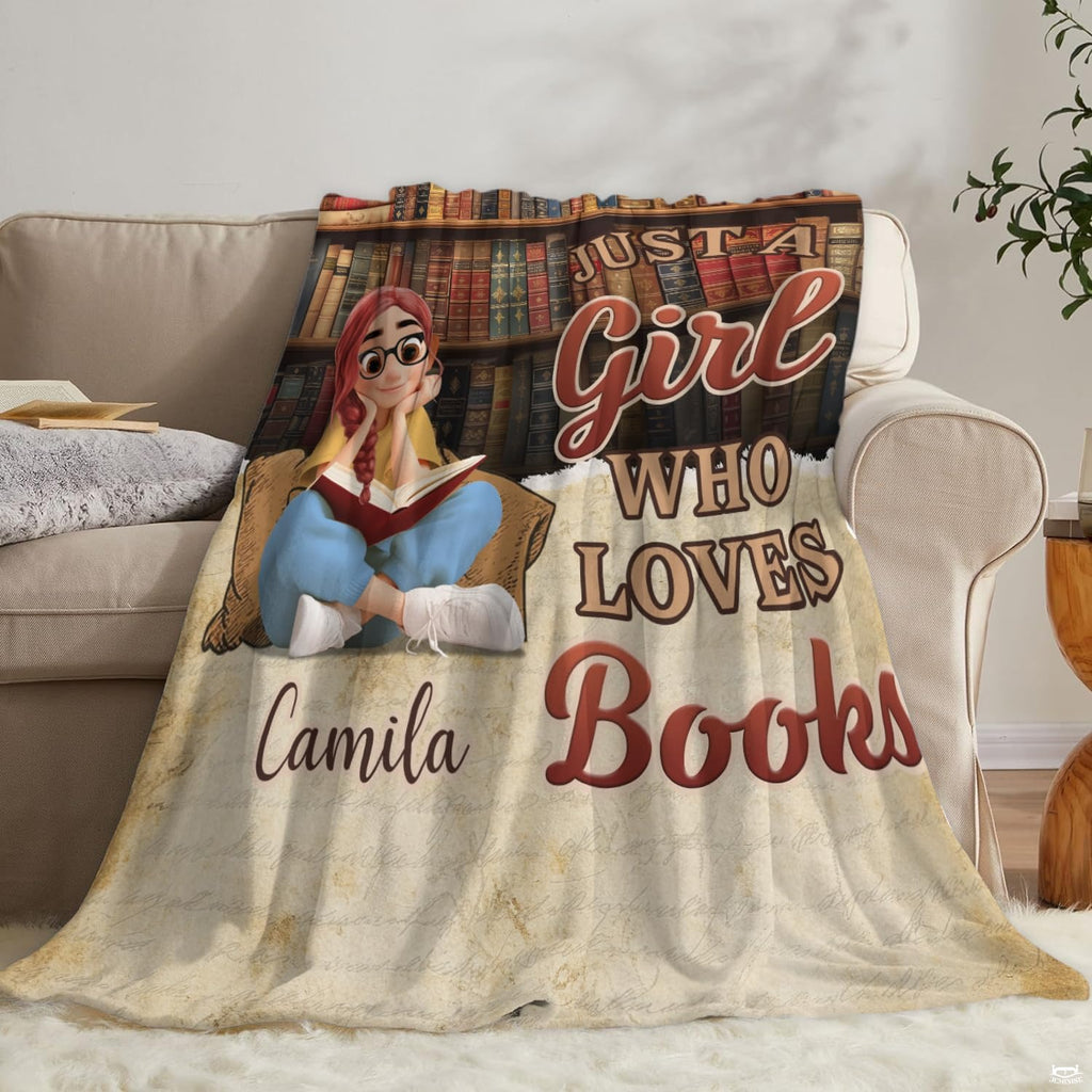 Full graphic layout of reader girl throw blanket showcasing antique bookcase and parchment art.