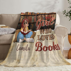 Full graphic layout of reader girl throw blanket showcasing antique bookcase and parchment art.