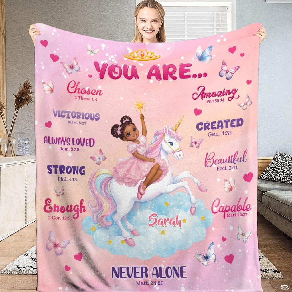Princess unicorn affirmations throw blanket featuring a princess riding a magical unicorn on pastel clouds