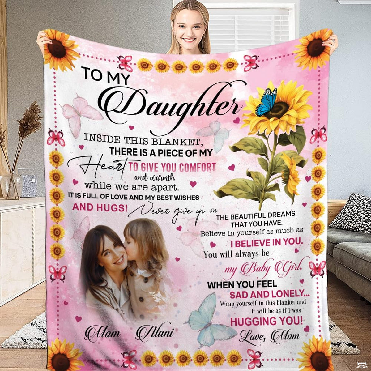 Sunflower mother daughter throw blanket featuring golden sunflowers, pink butterflies, and family portrait
