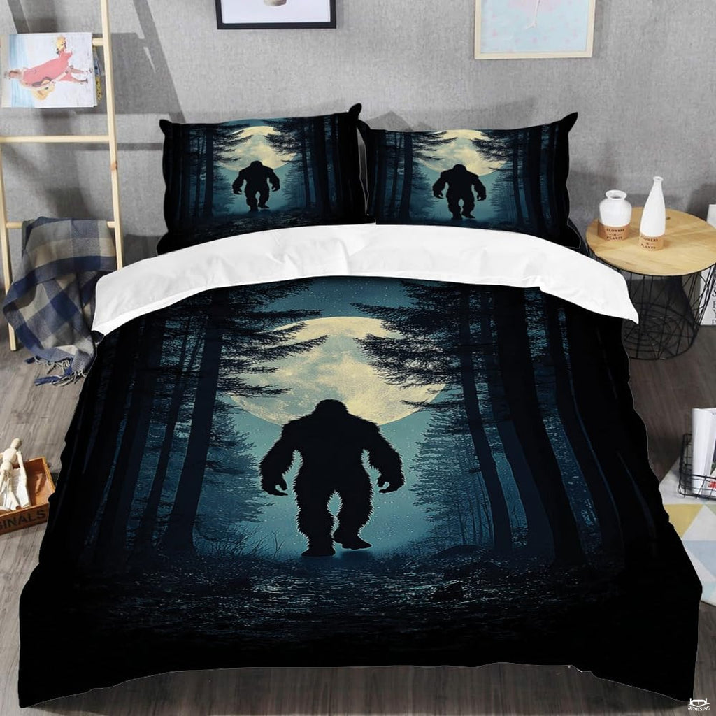 Top angle perspective of bigfoot silhouette bedding showing detailed striped blue rings and pine tree accents.
