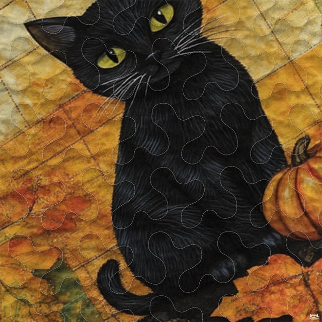 Close-up perspective of autumn bedding showing detailed black cat portrait and textured full moon glow
