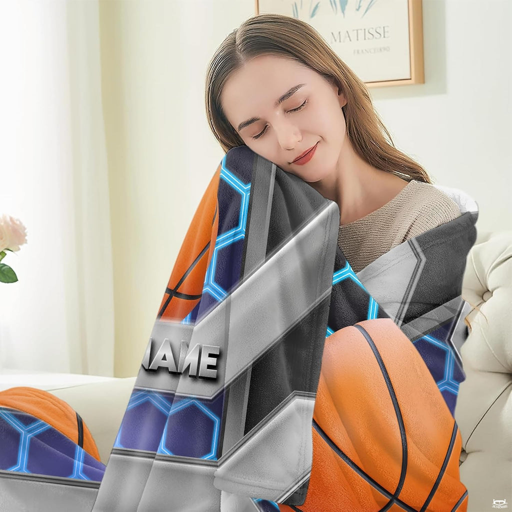Full display of cyber honeycomb basketball throw blanket laid flat on light wooden floor