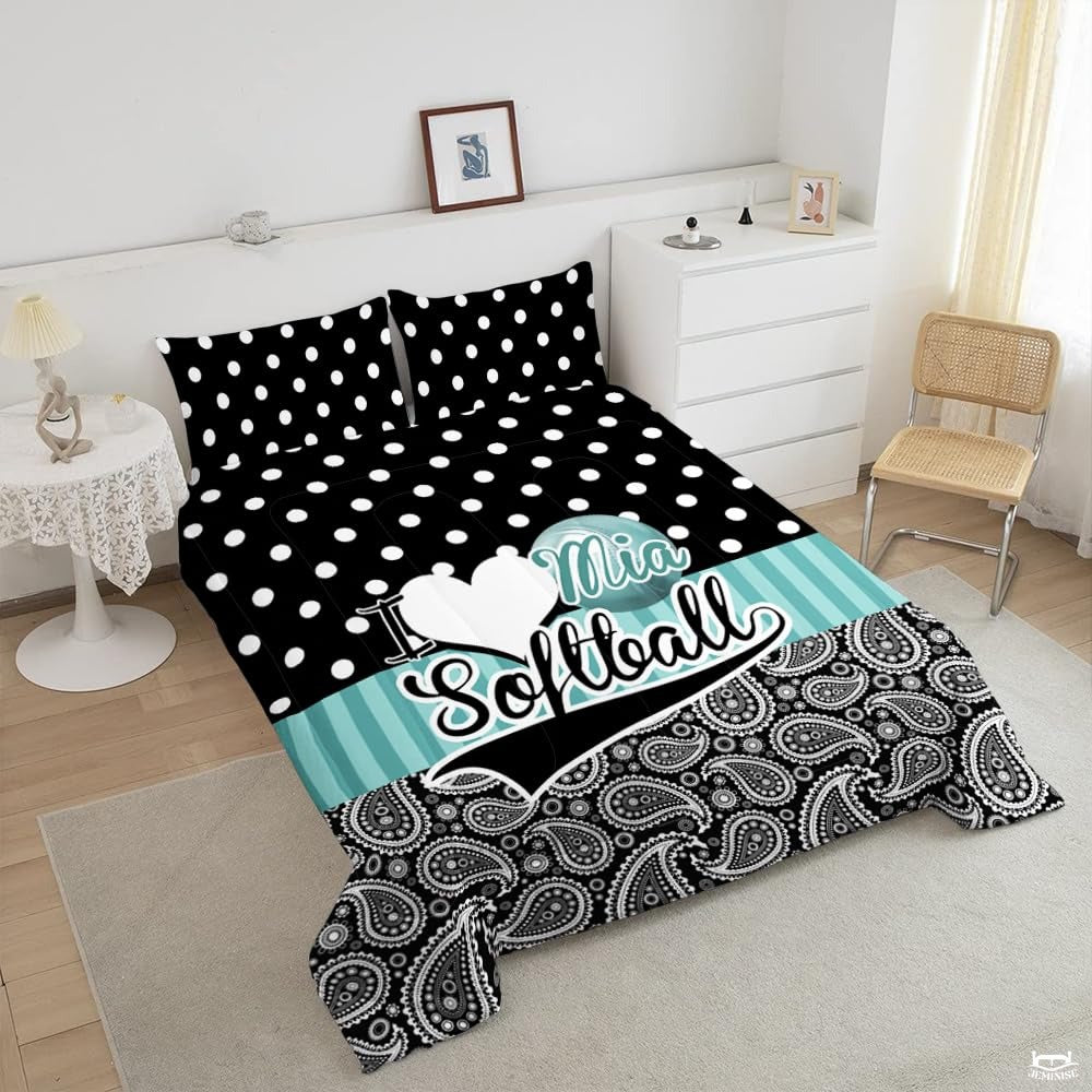 Sports Theme Softball Bedding – Premium Teal Yellow Comforter Set for Girls & Women, Cozy Decorative Bed Set for Softball Fans in Twin, Queen, King