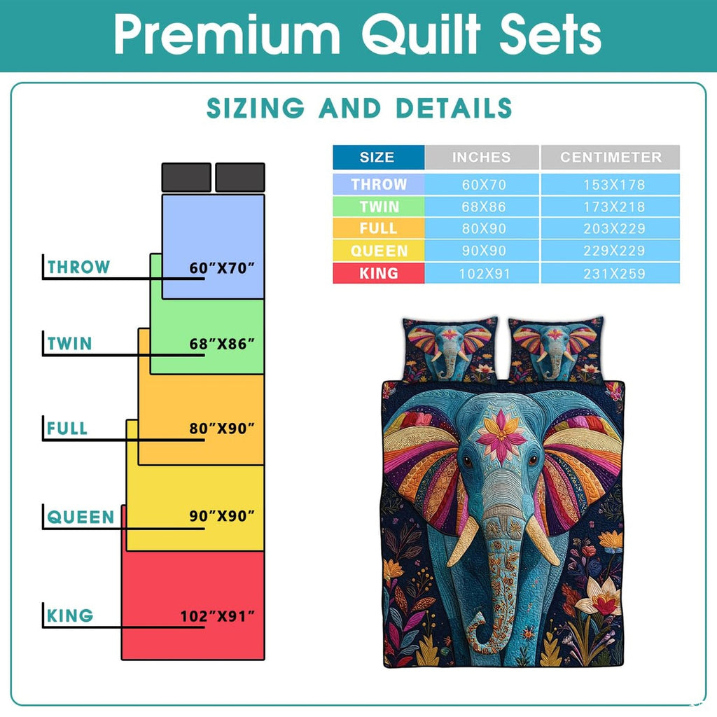 Folded presentation of elephant patchwork bedding showcasing sharp wildlife print clarity and vibrant geometric tiles.