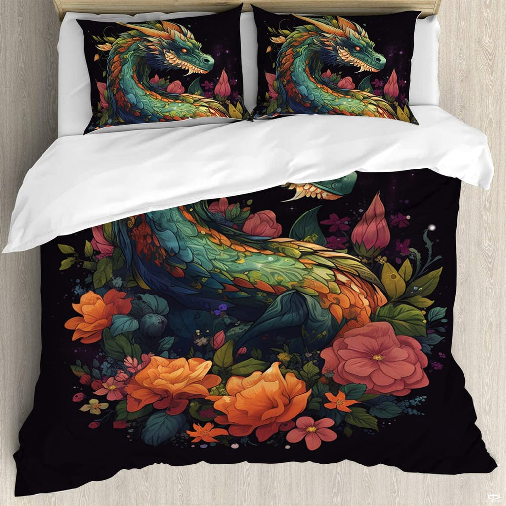 Matching pillowcase detail for dragon bedding set showcasing mythical creature coiled within lush botanical garden