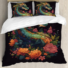 Matching pillowcase detail for dragon bedding set showcasing mythical creature coiled within lush botanical garden