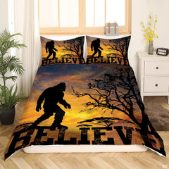 Matching pillow sham detail for Bigfoot bedding set displaying sunset cryptid artwork in bedroom setting